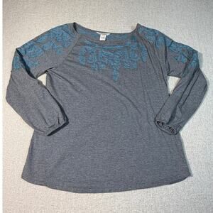 Sundance Women Large Gray Blue Embroidered Long Sleeve Button Front Shirt Boho